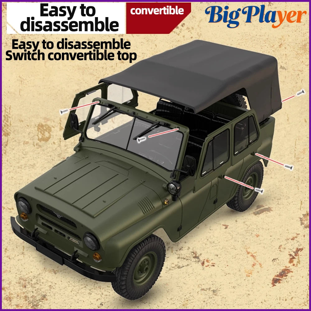 A dark olive green 1/12 scale RC rock crawler truck with a convertible top, shown in a side view.