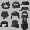 A collection of black military building block set accessories including helmets, masks, and gun parts.