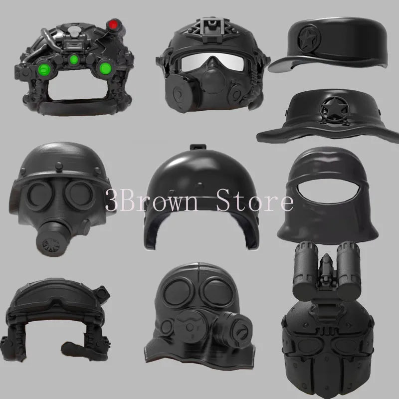 A collection of black military building block set accessories including helmets, masks, and gun parts.