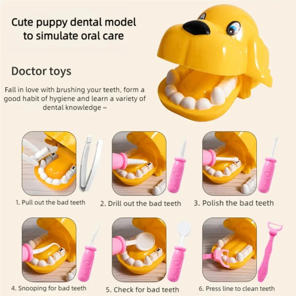 A yellow puppy dental model kit with various tools for simulating oral care and dental knowledge.