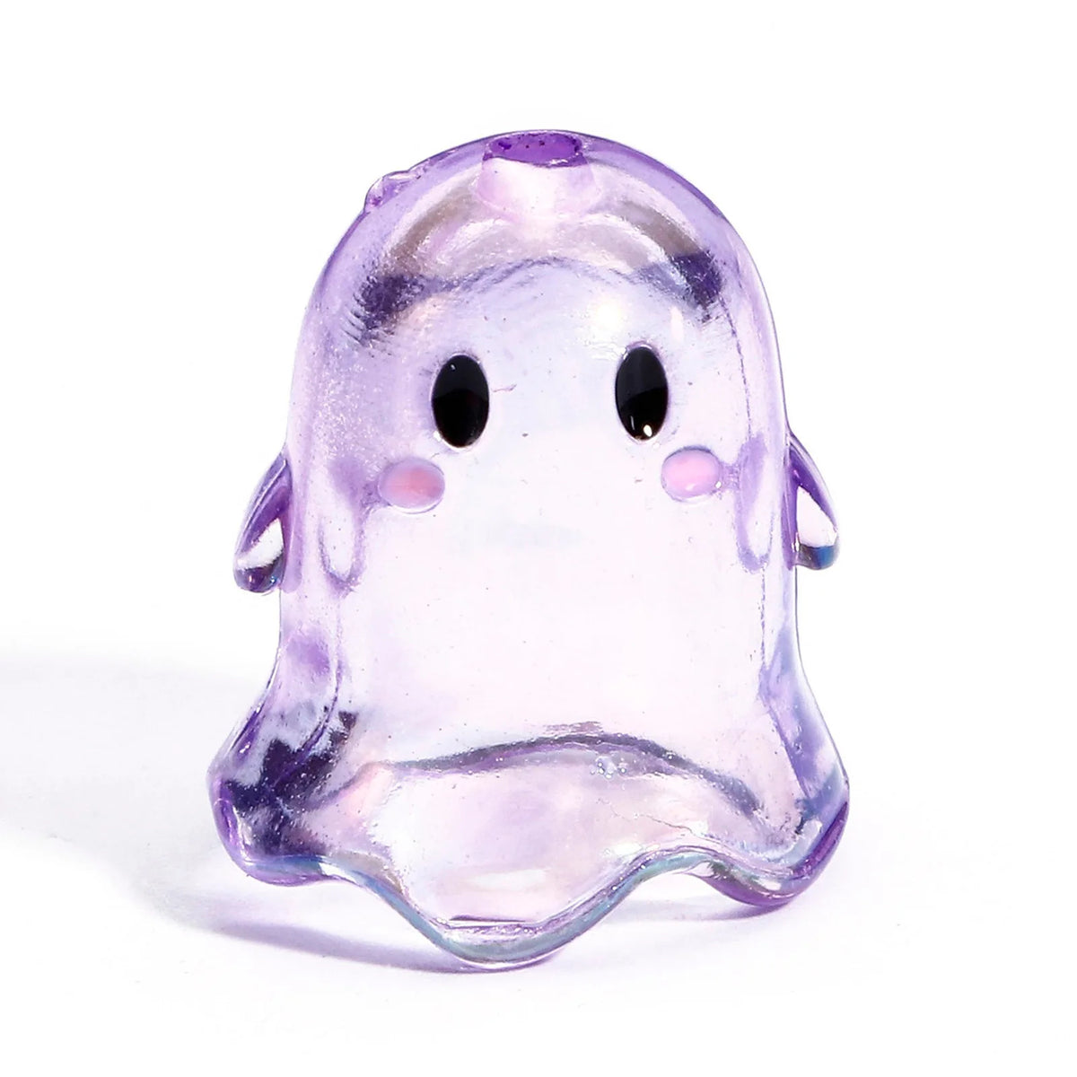 A translucent purple acrylic ghost bead with small black eyes and pink accents.