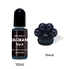 A dark glass bottle of black liquid color dye labeled QIAO QIAO DIY Black with a paw print shape on the cap.