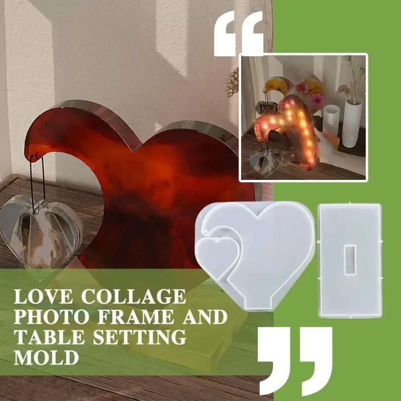 A terracotta-colored heart-shaped photo frame mold and a white rectangular mold are displayed on a wooden surface.