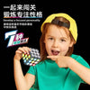 A young girl holds a musical brain teaser cube with flashing lights and a yellow headband.