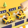 A yellow push-and-go animal car toy is shown in a race track context with obstacles and a green tree.