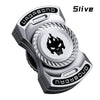 A silver and black magnetic fidget spinner with push buttons for stress relief and focus.