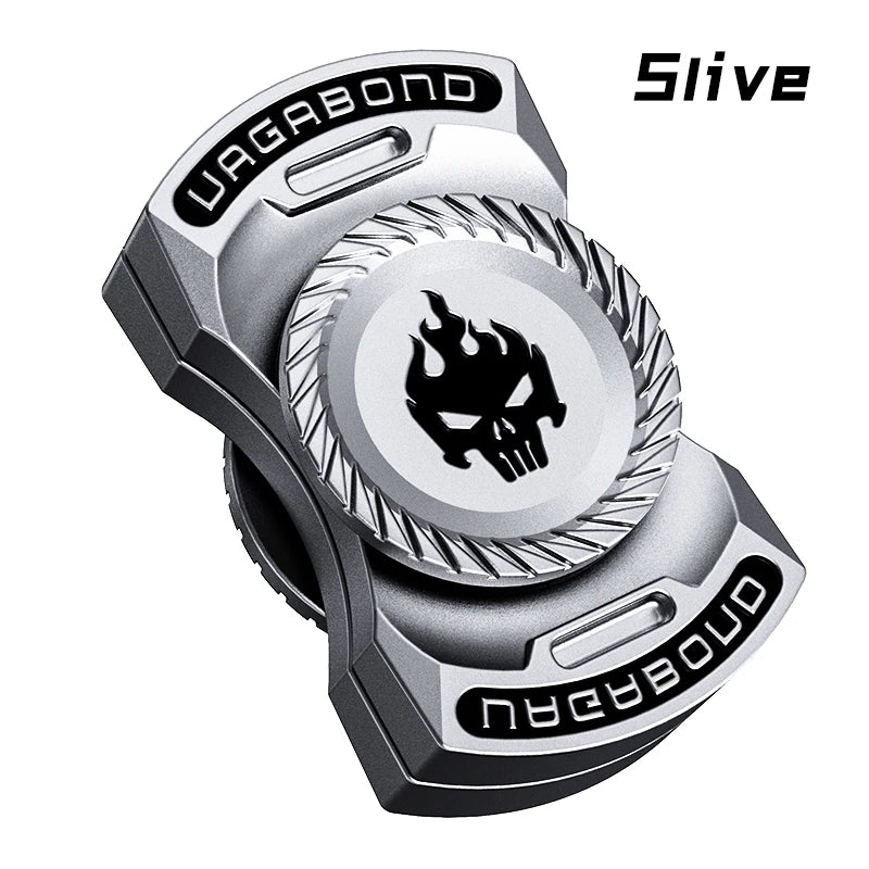 A silver and black magnetic fidget spinner with push buttons for stress relief and focus.