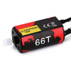A black and red high-torque brushed motor with a yellow caution label and CE mark.