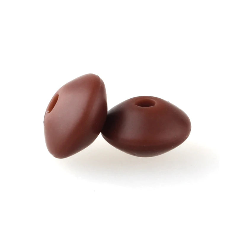 Two smooth, brown silicone lentil beads shaped like an abacus for jewelry making