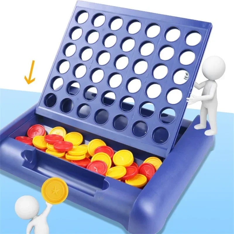 A blue foldable Connect 4 board game with a grid and colored discs is shown being played by two figures.