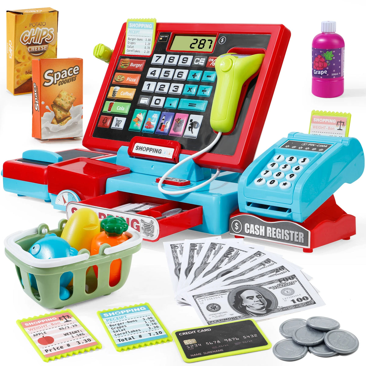 A red and blue pretend play cash register with a calculator and cash register components for children.