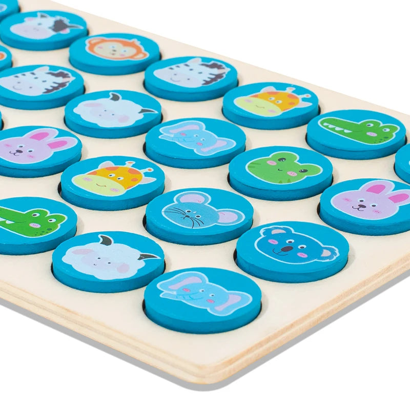 A wooden memory chess game featuring colorful animal-themed discs for matching and educational play.