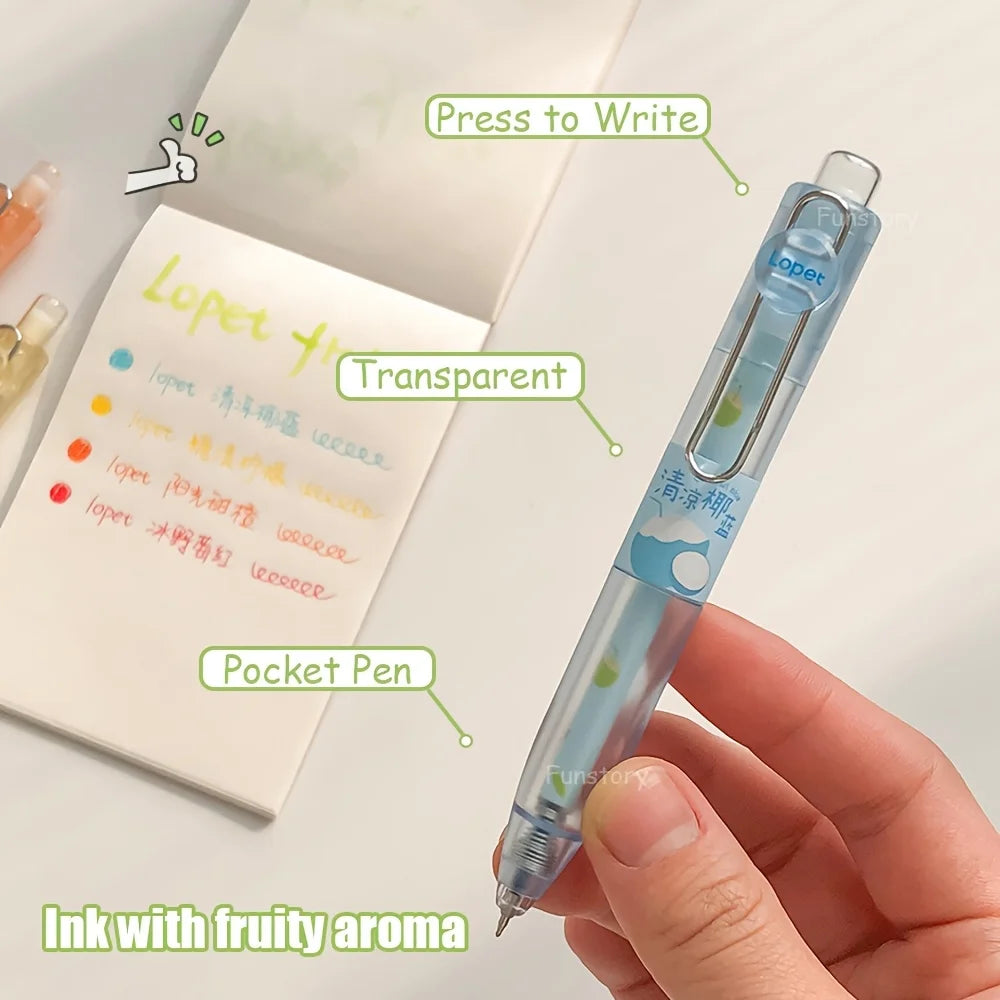 A hand holds a clear gel pen with a light blue body and a transparent barrel, next to a piece of paper showing writing exampl