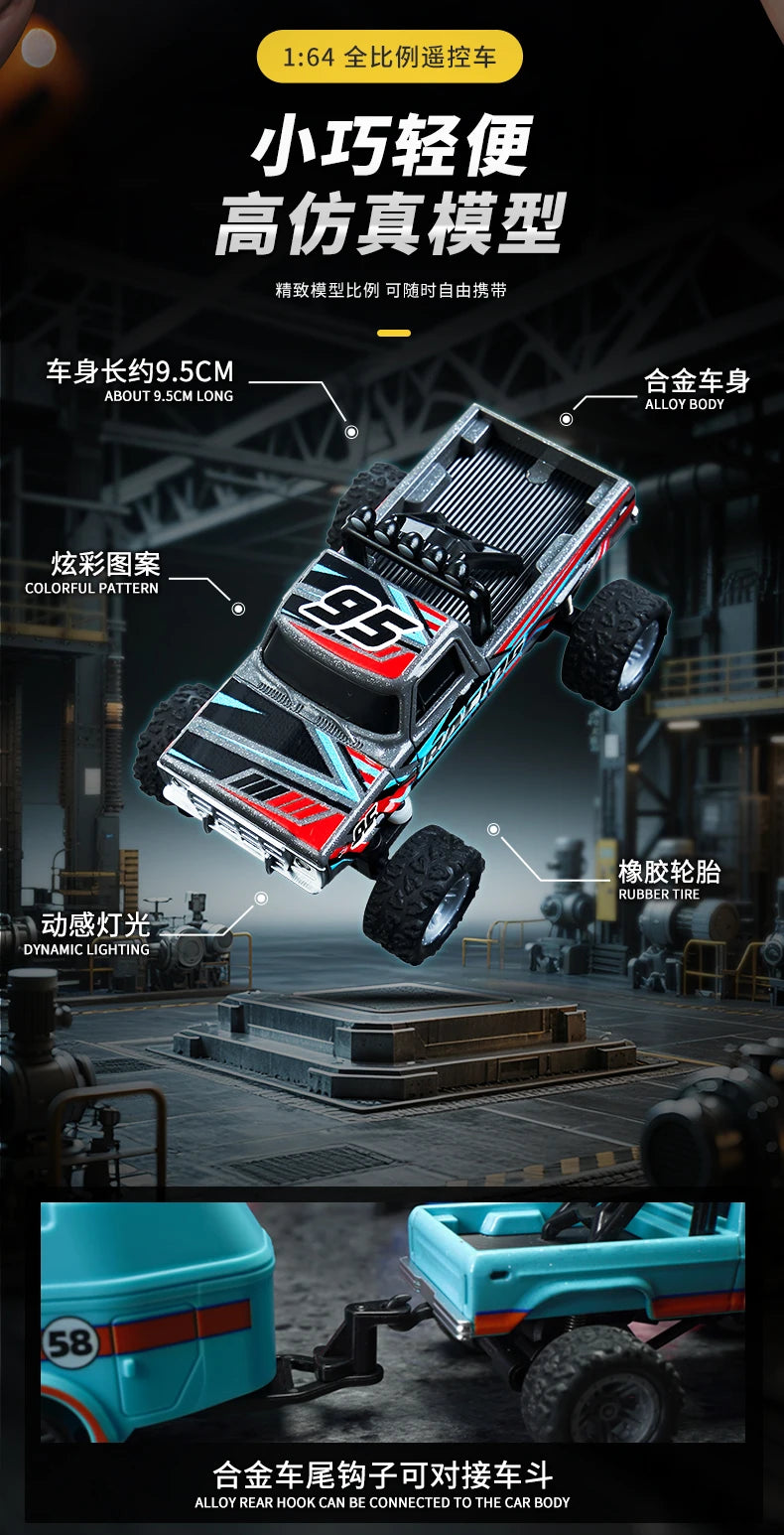 A detailed view of a black and red 1:64 scale off-road car with rubber tires and dynamic lighting.