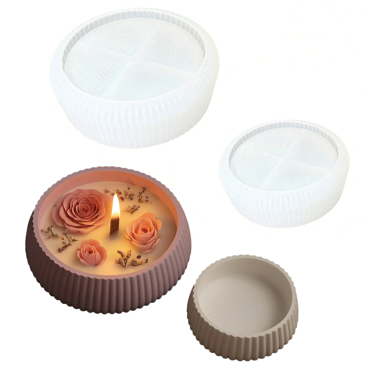 A set of round silicone molds for DIY planters and decor, including a large white mold and a smaller pink candle holder.