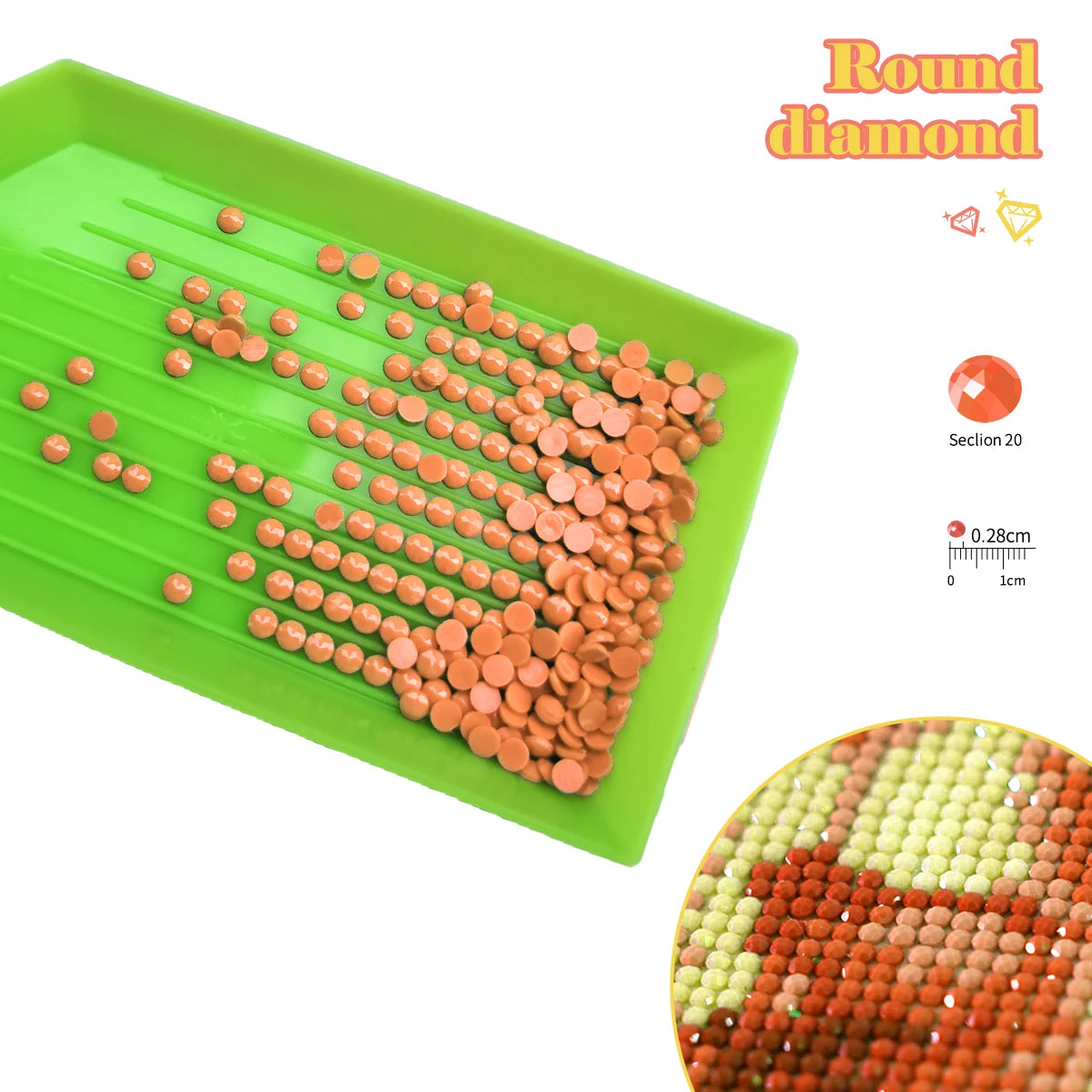 A green tray holds numerous round, colored beads used for a diamond painting kit.
