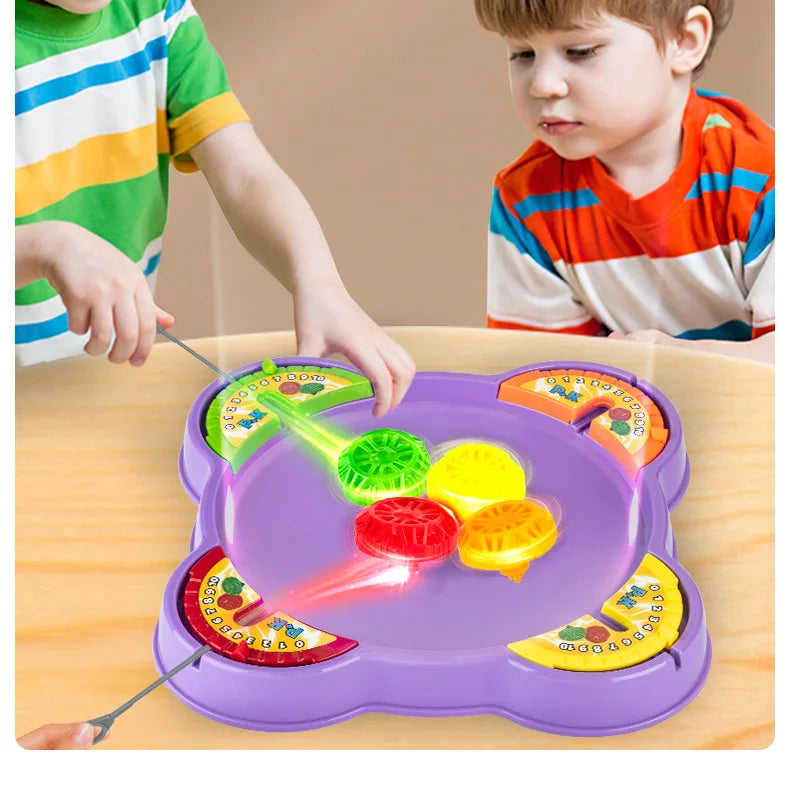 A child is using a pull-string spinning top battle game with colorful fruit shapes on a purple tray.