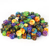 A collection of ten colorful 12mm dice in various shades of green, yellow, blue, and purple arranged on a white surface.