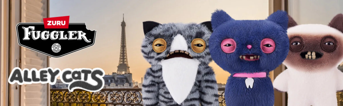 A collection of Fuggler Alley Cat plush toys featuring various striped and solid colored cats.