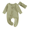 A light olive green knit romper for a baby girl with ruffled details and a matching bow headband.