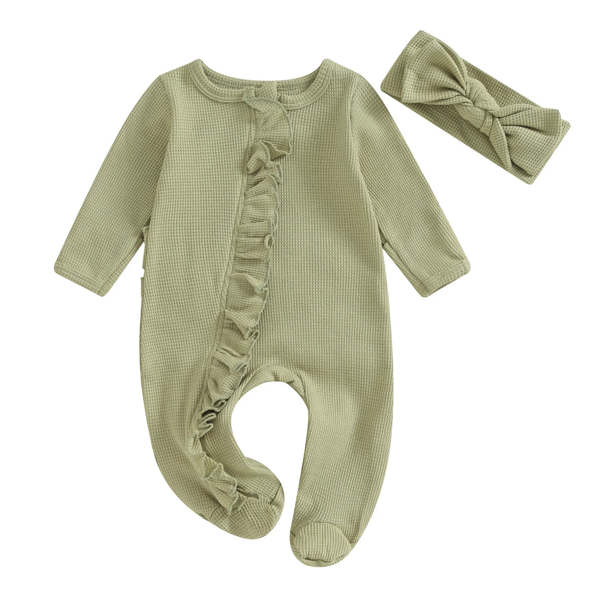A light olive green knit romper for a baby girl with ruffled details and a matching bow headband.