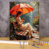 A painting by numbers kit depicting an elegant woman in a flowing dress holding an orange umbrella.