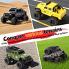 Three off-road RC cars in black, yellow, and green colors demonstrating terrain conquering ability.