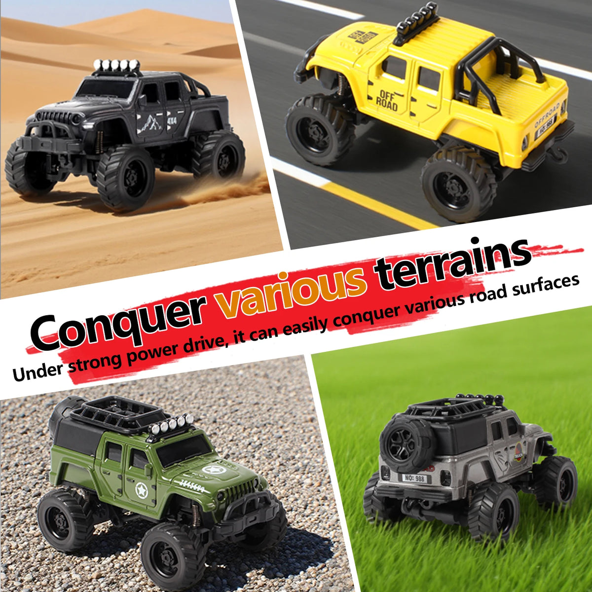Three off-road RC cars in black, yellow, and green colors demonstrating terrain conquering ability.