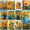 A collection of nine framed paintings depicting various sunflowers and floral arrangements.