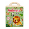 A green sticker book titled Animals featuring various cartoon animals like a lion, panda, and monkey.