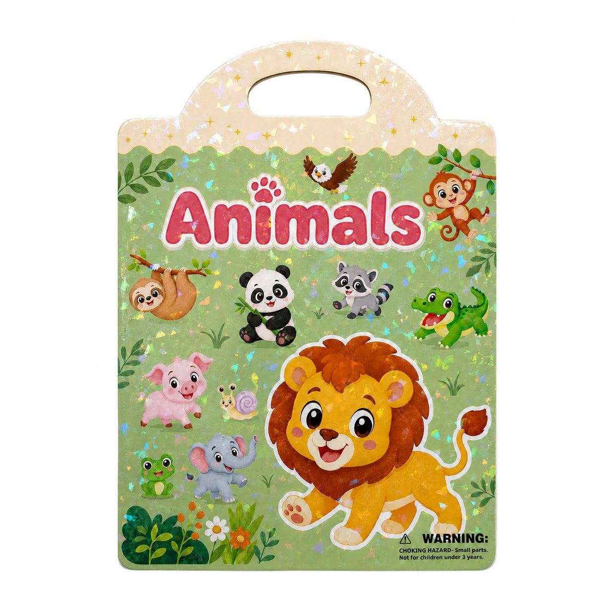 A green sticker book titled Animals featuring various cartoon animals like a lion, panda, and monkey.
