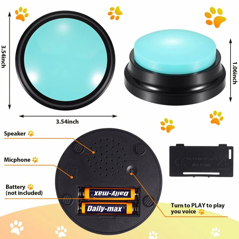 A black talking button device with a circular speaker and microphone, showing its components and size.