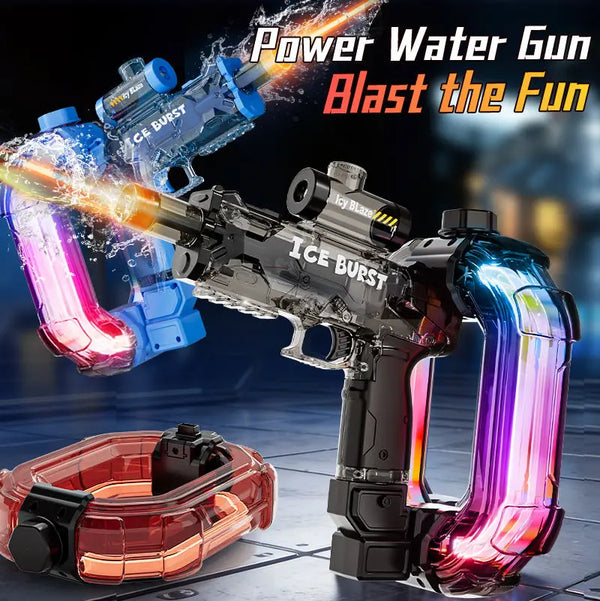 A black and blue electric water gun toy with translucent pink and purple accents blasting water.