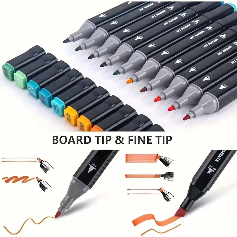 A set of dual-head permanent art markers in various colors and tips, shown with loose tips for writing on board.