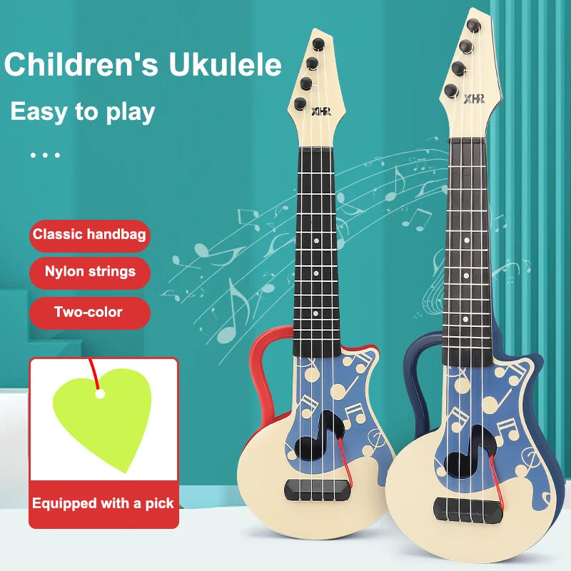 Two light-colored ukuleles with red and blue necks and bodies, shown against a teal background.