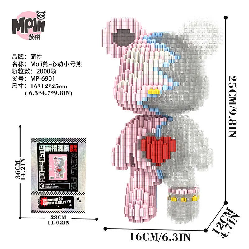A set of brick art building blocks shaped like a bear bouquet featuring pink and gray colors.