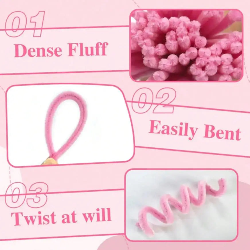 Pink chenille craft pipe cleaners demonstrating dense fluff, easy bending, and twisting capabilities.