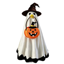 A Halloween costume featuring a ghost with a witch hat and an orange pumpkin design.