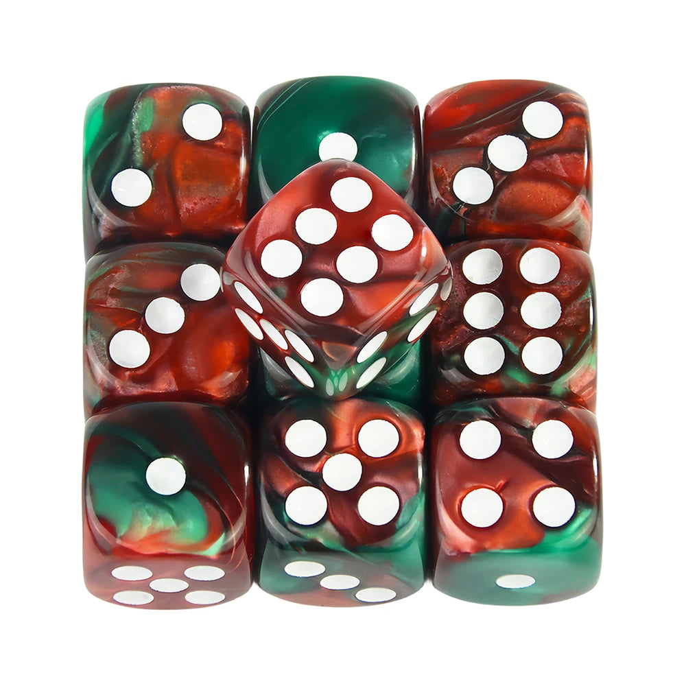 A set of ten mixed-color, translucent dice for board games and RPGs.