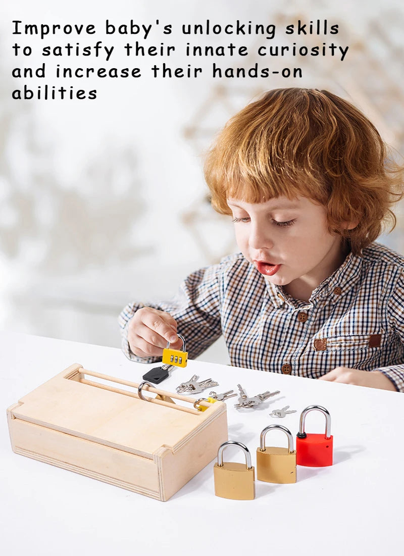 A young child is interacting with a wooden lock and key toy set, demonstrating unlocking skills.