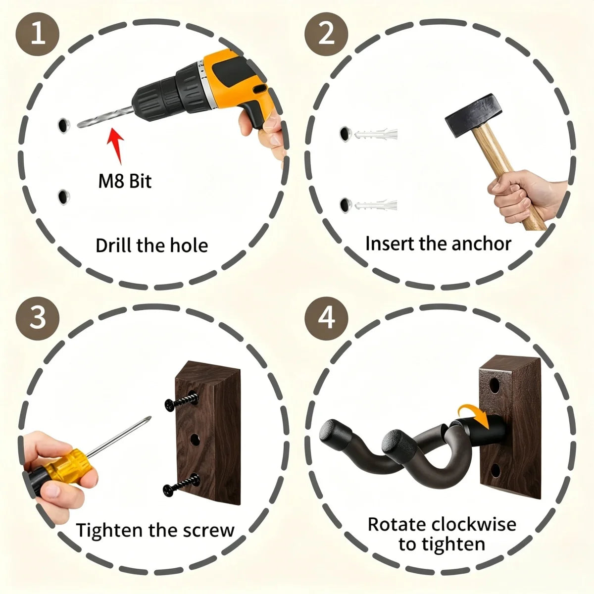 Four steps showing how to install a walnut wood guitar wall mount with a rotating U-shaped hanger