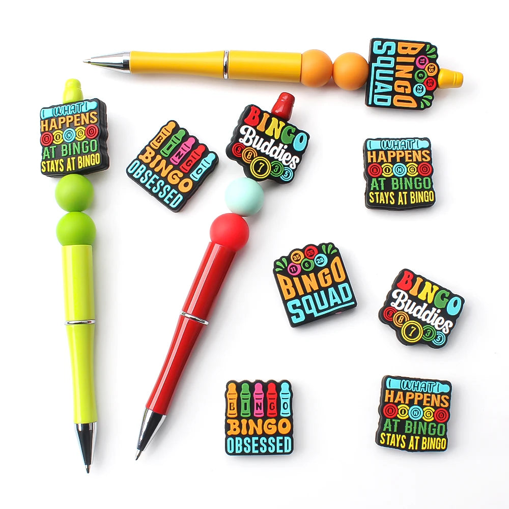A set of colorful bingo-themed pens and silicone beads for DIY jewelry and accessories.
