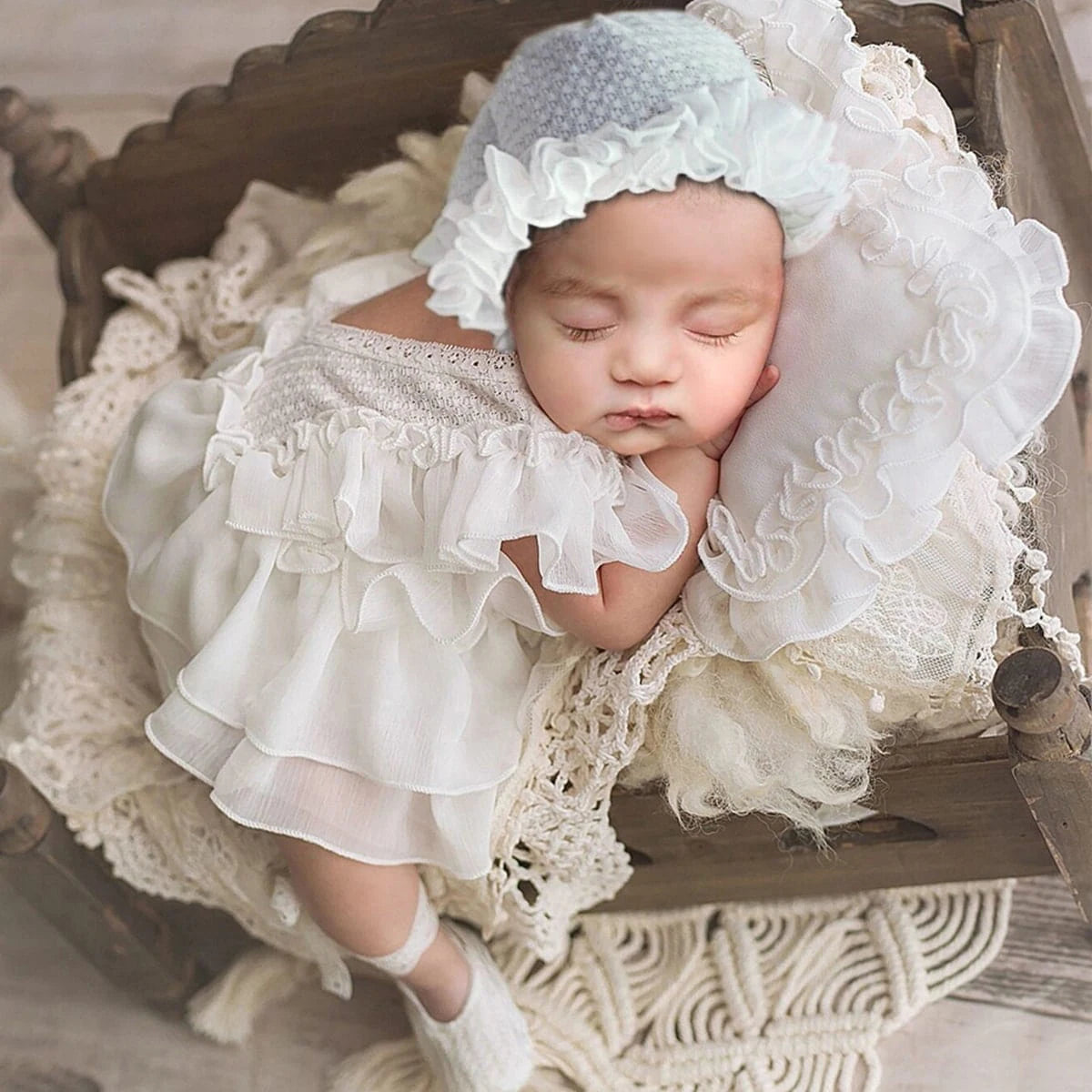 Newborn Chiffon Photography Outfit Set with Hat, Pillow & Mini Shoes