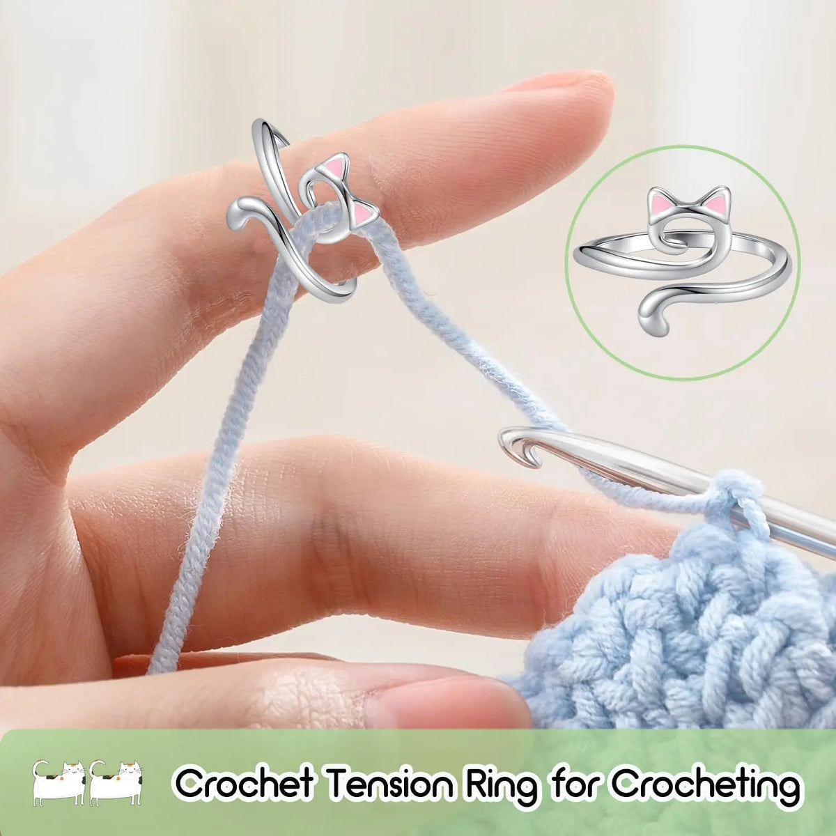 A hand is using a crochet tension ring to form an adjustable cat-ear crochet ring.
