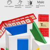A set of wooden tetragrams or tangrams in blue, green, and red geometric shapes for educational puzzles.