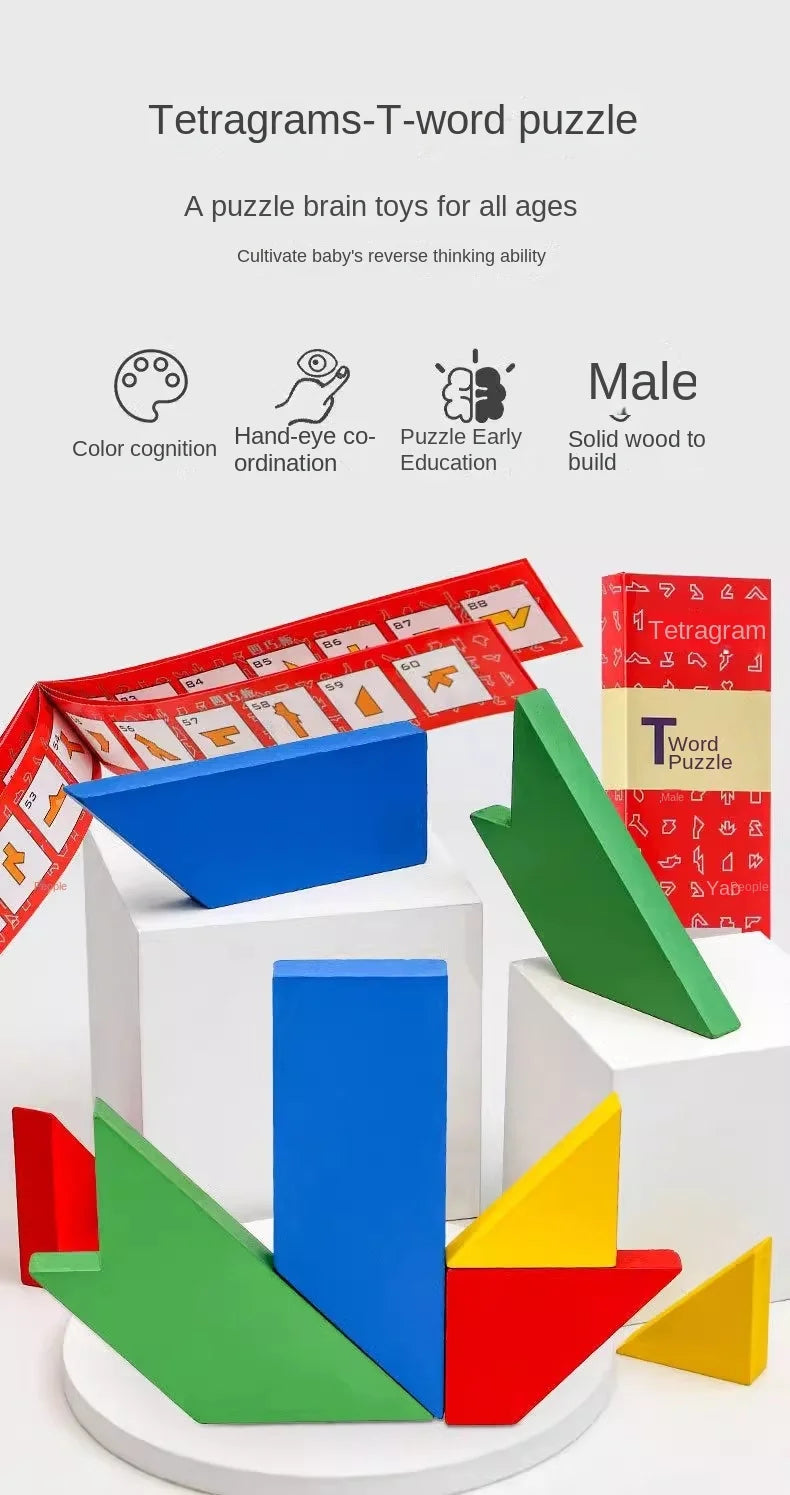A set of wooden tetragrams or tangrams in blue, green, and red geometric shapes for educational puzzles.