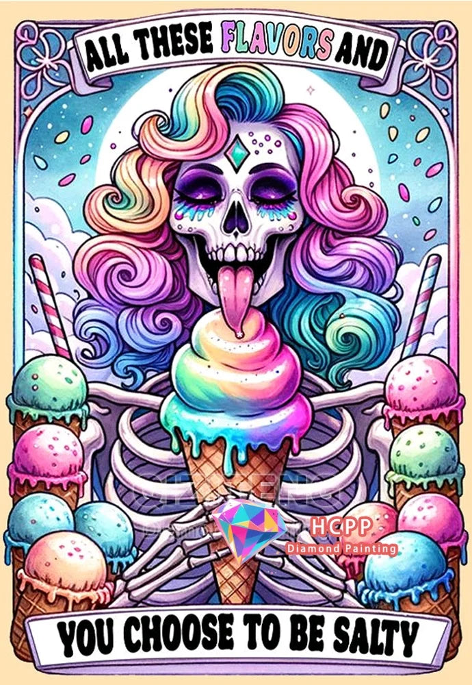 A diamond painting kit featuring a colorful skull woman design with ice cream and candy elements.