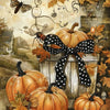 A still life featuring pumpkins, autumn leaves, and decorative elements suitable for a diamond painting kit.