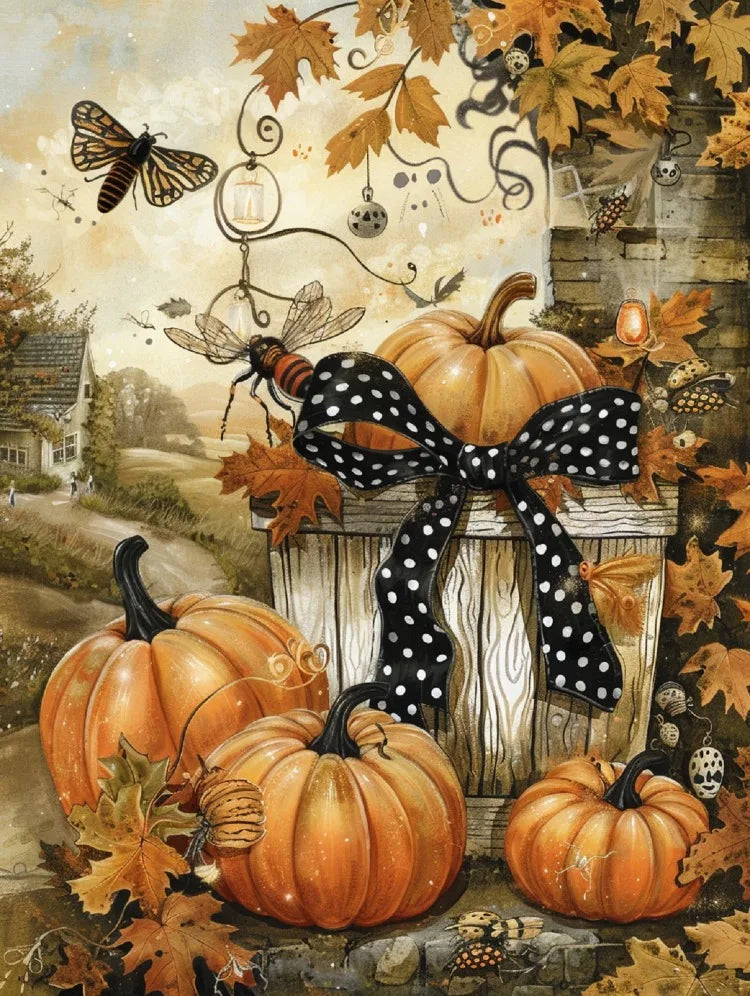 A still life featuring pumpkins, autumn leaves, and decorative elements suitable for a diamond painting kit.