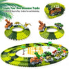 A set of dinosaur train tracks featuring various dinosaurs and a mist-spouting volcano on a green and yellow track.